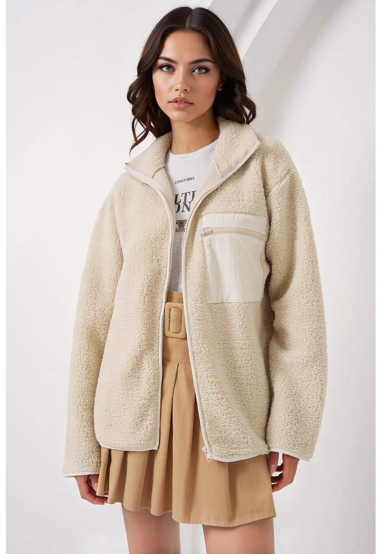 Jacheta dama supradimensionat - detalii de buzunar - crema naturala - textil