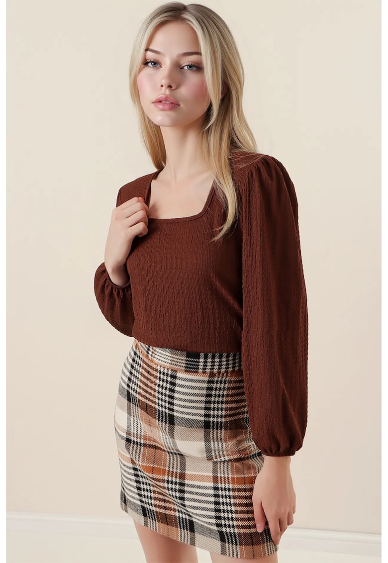 Bluza dama - decolteu patrat - poliester/lycra - maro -