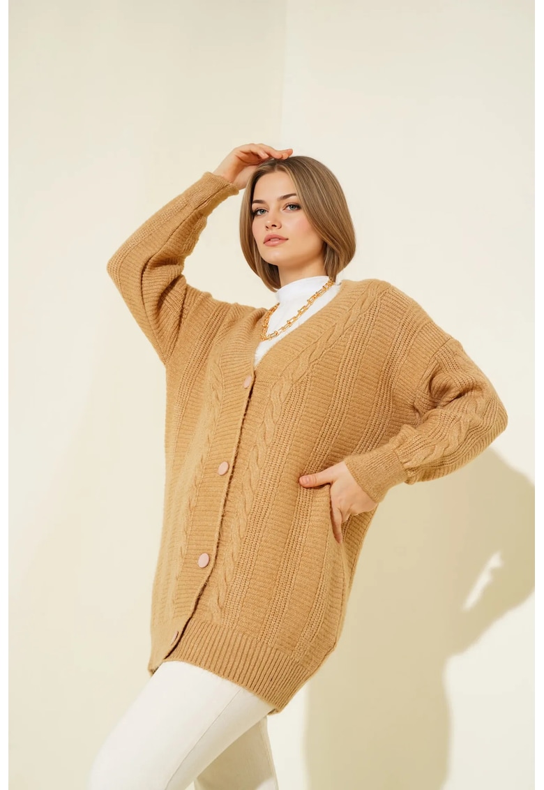 Cardigan -  texturat Seersucker - decolteu in V - nasturi - maro - tricot -