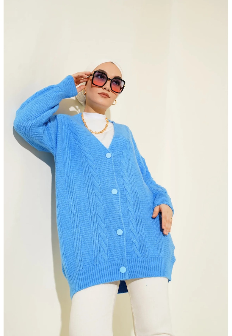 Pulover dama -  cardigan texturat Seersucker - decolteu in V - albastru - tricot -