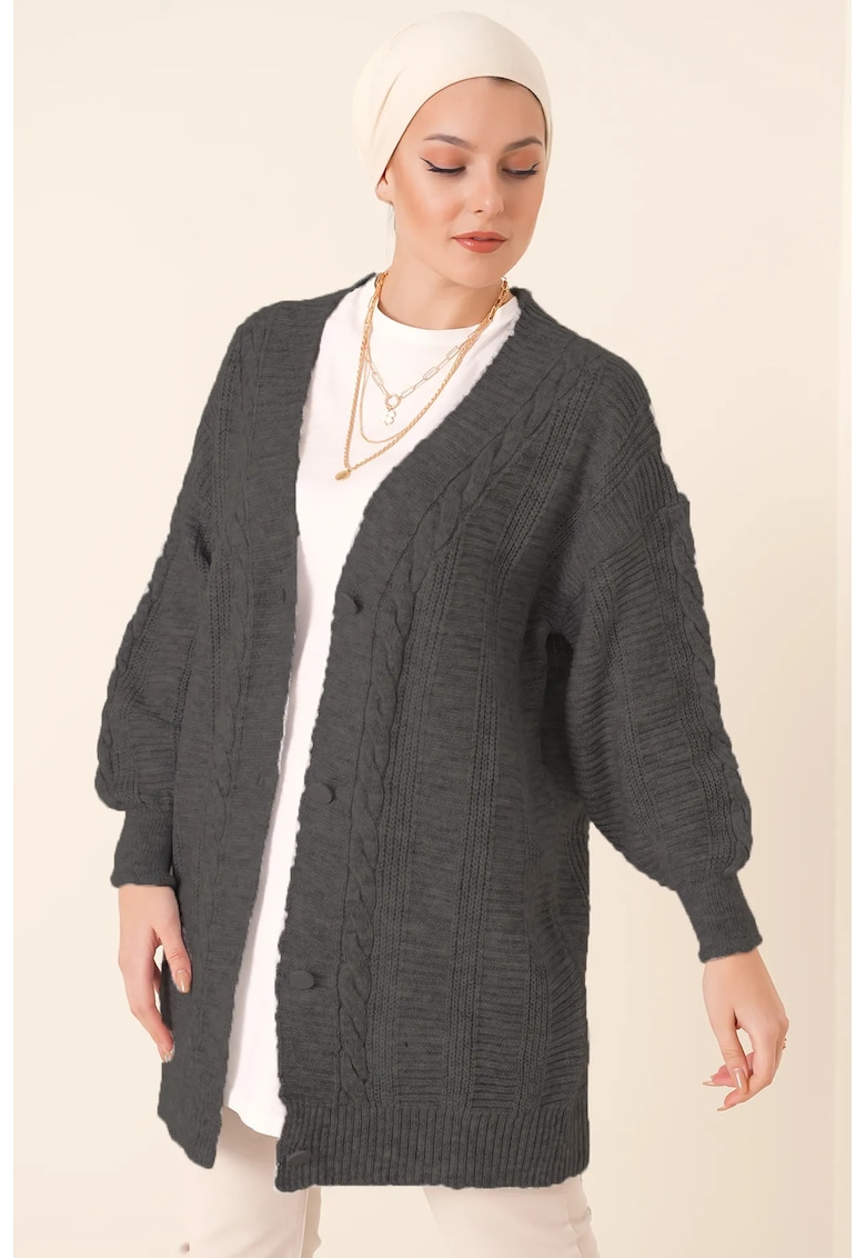 Cardigan Femei BigDart - texturat - decolteu in V - tricot - Gri carbune -