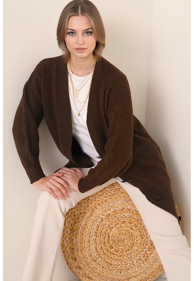 Cardigan -  texturat Seersucker - decolteu in V - maro - tricot -