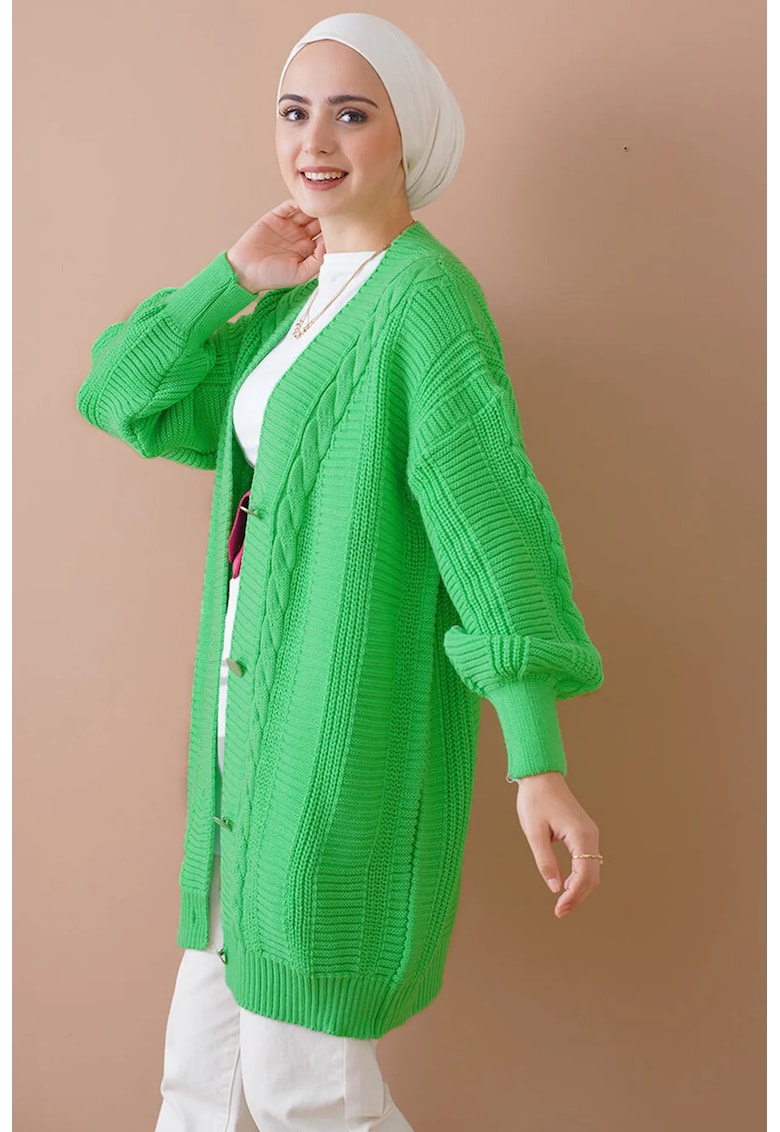 Pulover dama -  cardigan texturat Seersucker - decolteu in V - nasturi - verde - tricot -
