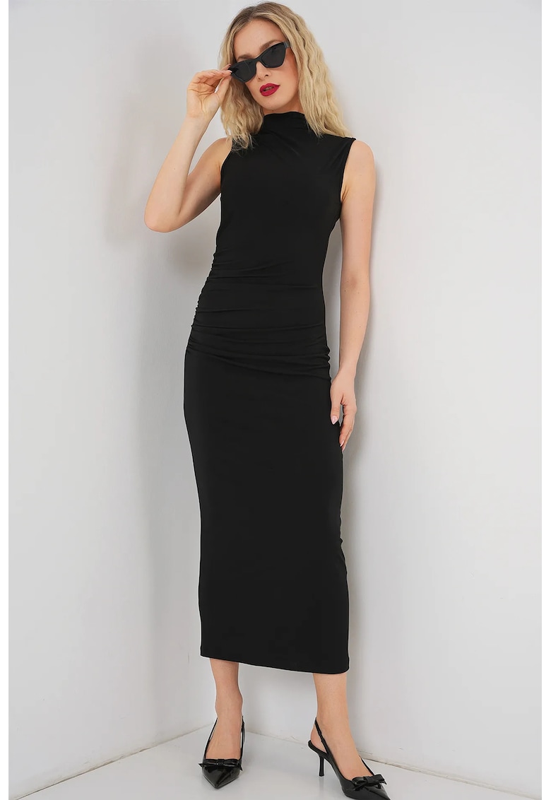 Rochie midi - guler inalt - negru - jerseu