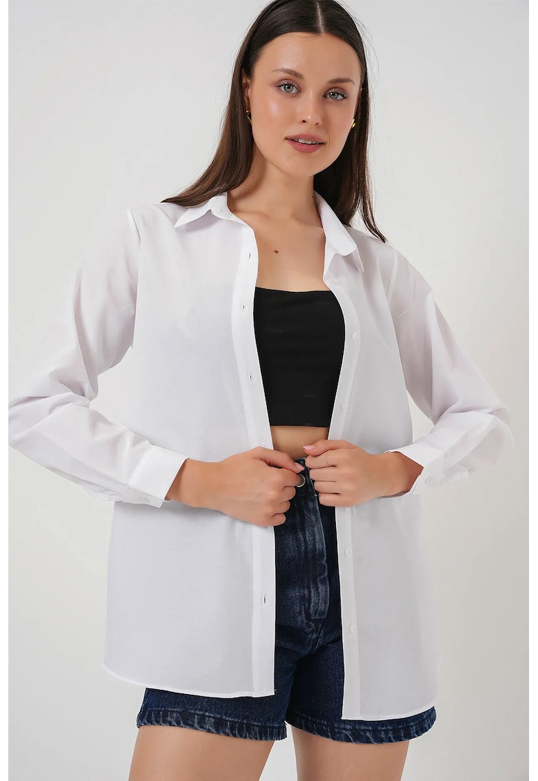 Camasa din poplin captusita alb - bumbac si poliester - cu inchidere cu nasturi - pentru femei -