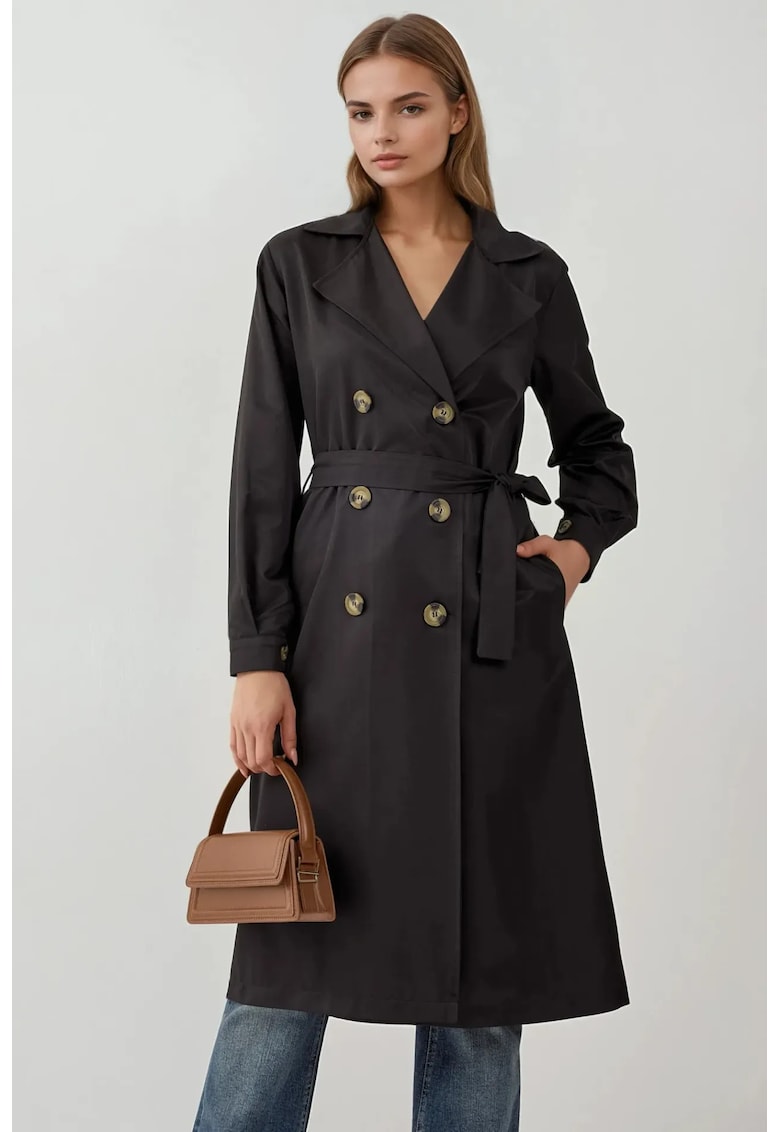 Trench lung poliester - cu doua randuri de nasturi - Negru -