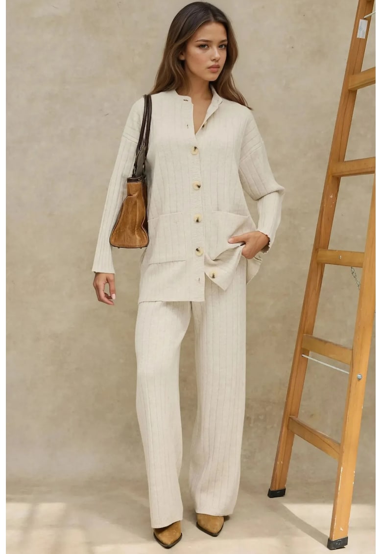 Set coordonat tricotat -  cardigan cu guler rotund - pantaloni cu croi larg - bej - tricot