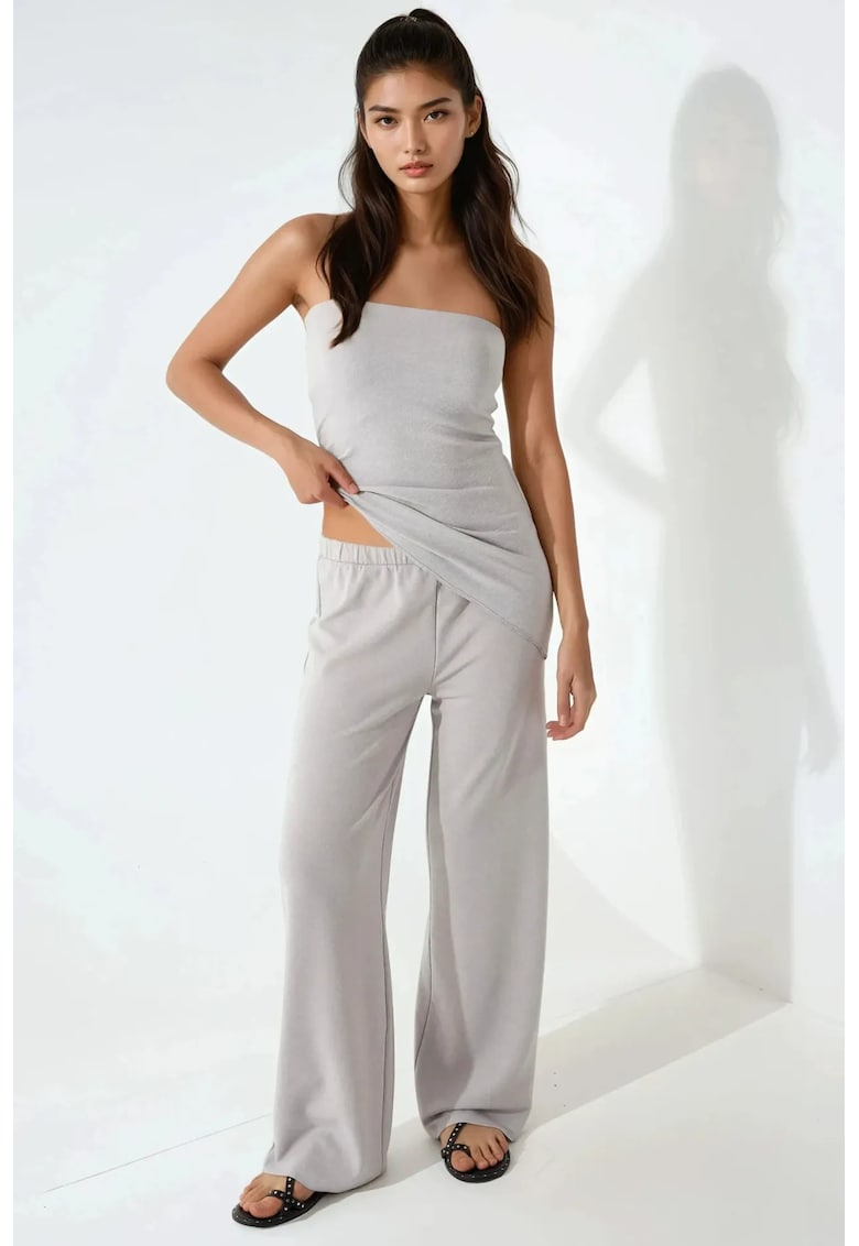 Costum dama set doua piese - top texturat fara bretele si pantaloni - albastru glaciar - jerseu