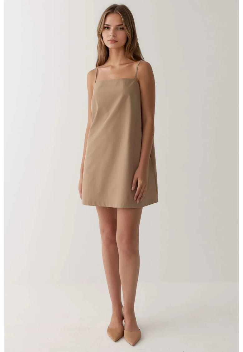 Rochie mini - guler patrat - buzunare - bej - textil
