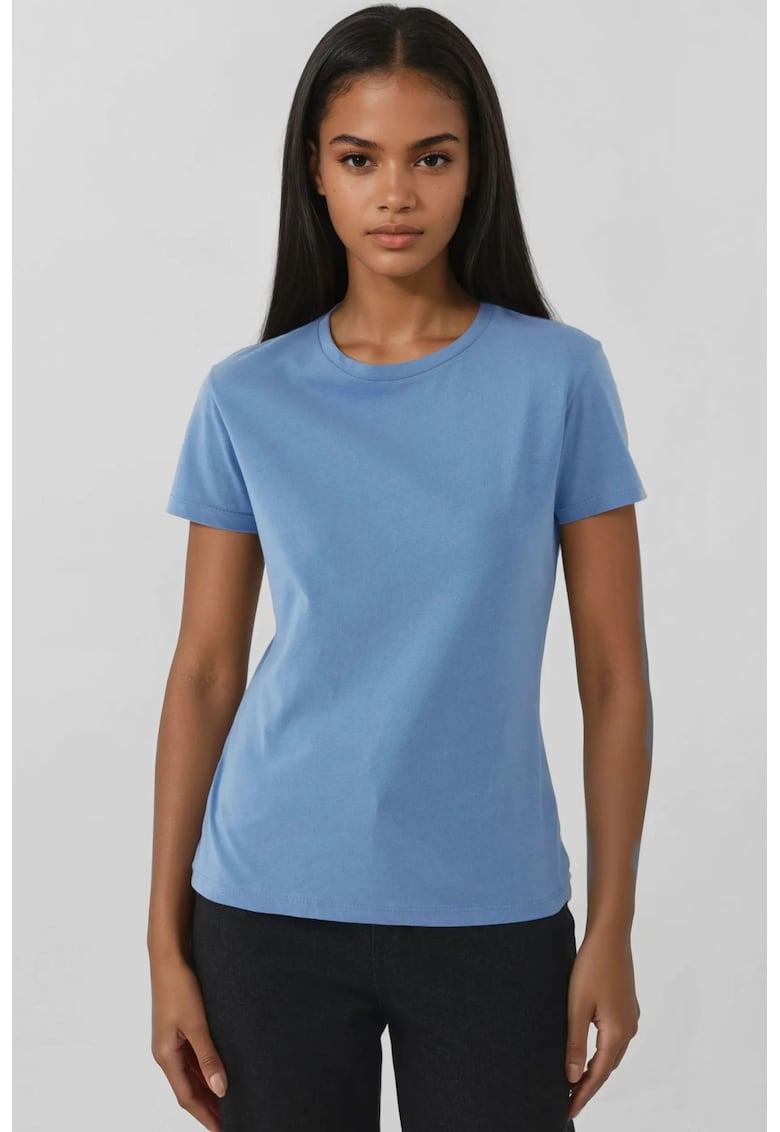 Tricou dama - bumbac - guler rotund - croiala regulata - albastru