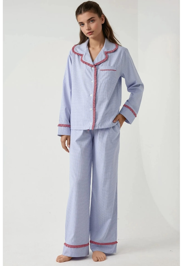 Set pijamale dama - guler camasa - bumbac/poliester - albastru