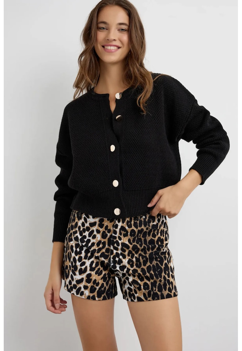 Cardigan texturat cu nasturi - negru - tricot -