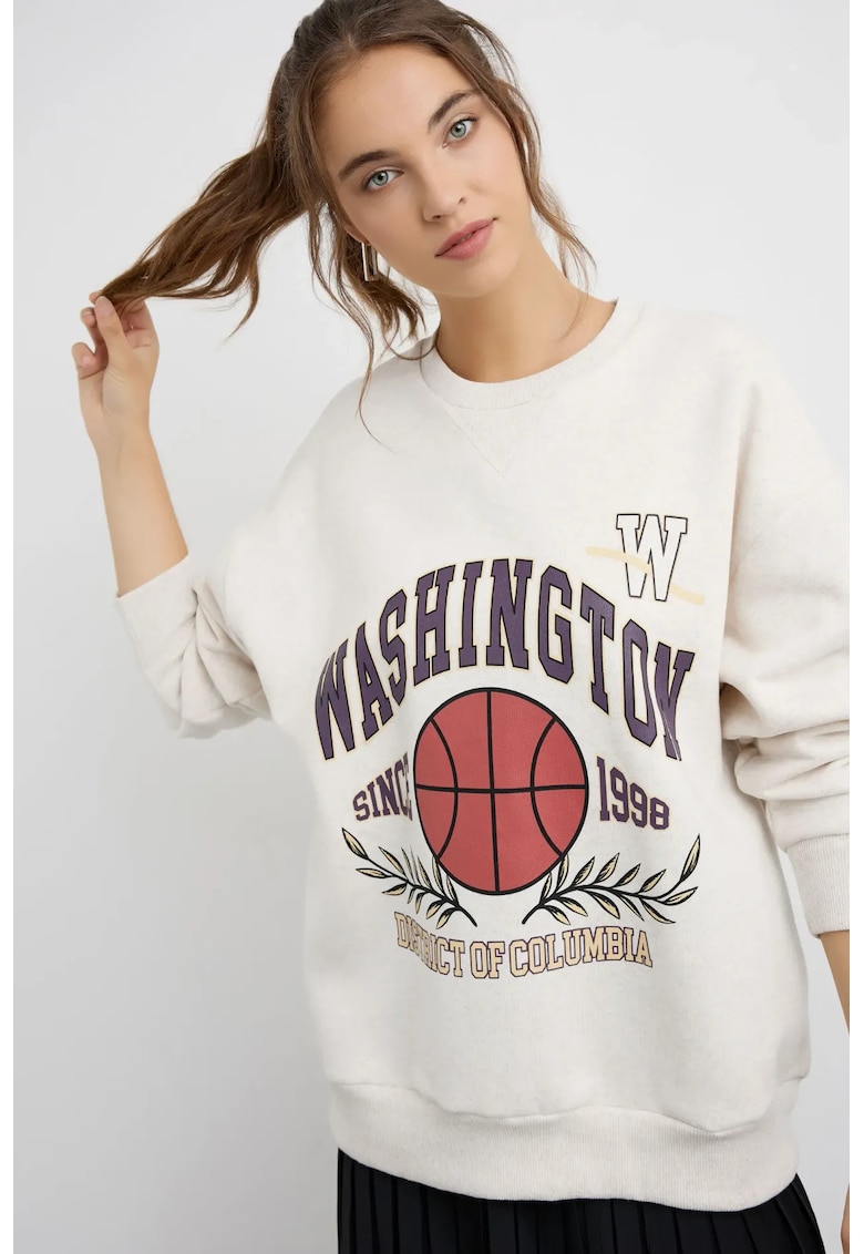 Hanorac dama - supradimensionat - imprimeu - fildes natural - bumbac si poliester -