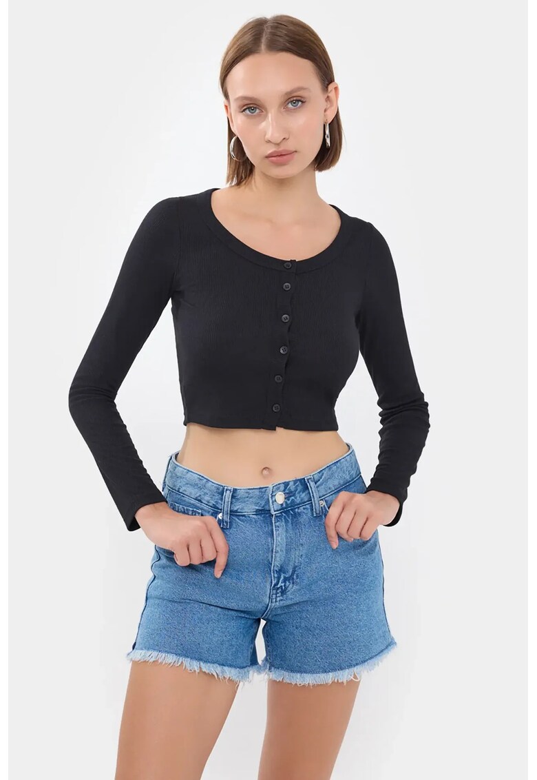 Top dama - top tesut cu guler rotund si detaliu cu nasturi - negru - jerseu -