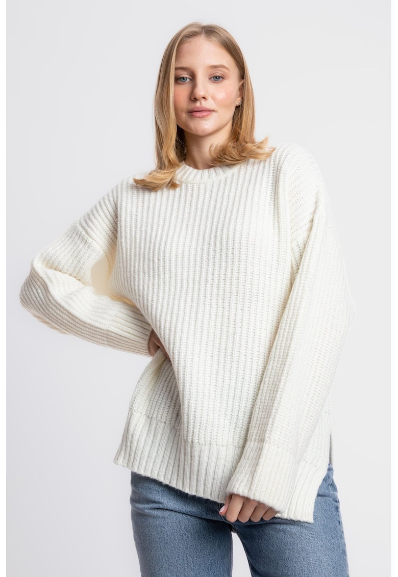 Pulover casual - tricot - cu guler rotund - alb