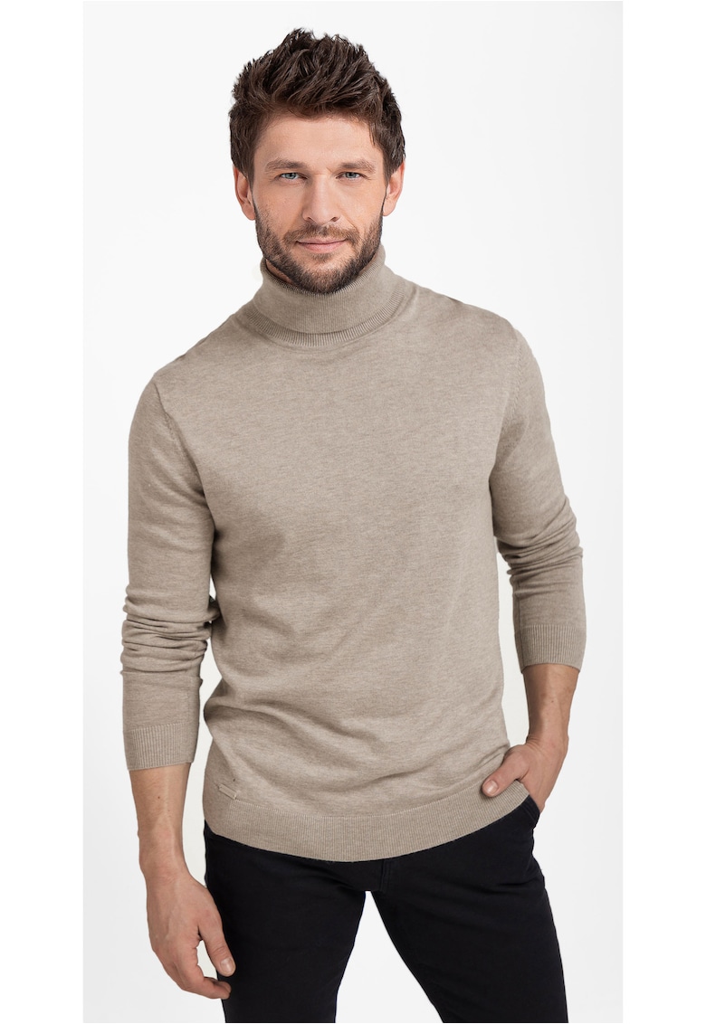 Pulover tricotat fin cu guler inalt - S-Max - Bej melange