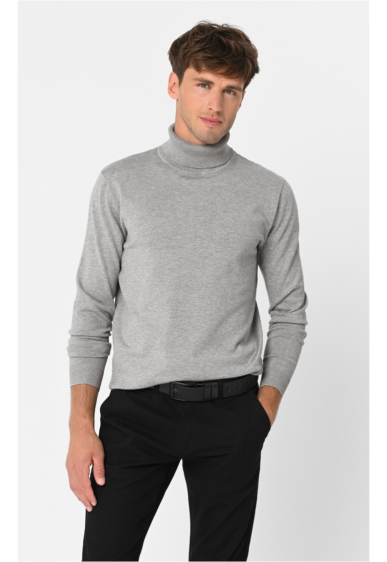 Pulover tricotat fin cu guler inalt - S-Max - Gri melange