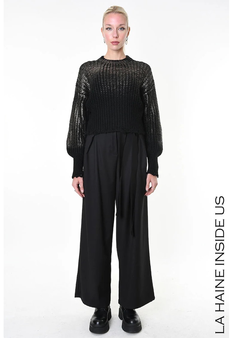 Pulover crop cu mânecă lungă și guler rotund