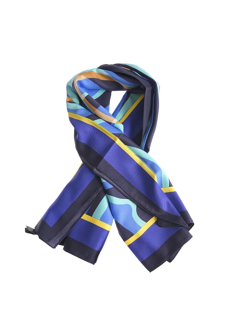 Esarfa cu imprimeu geometric albastru si accente turcoaz