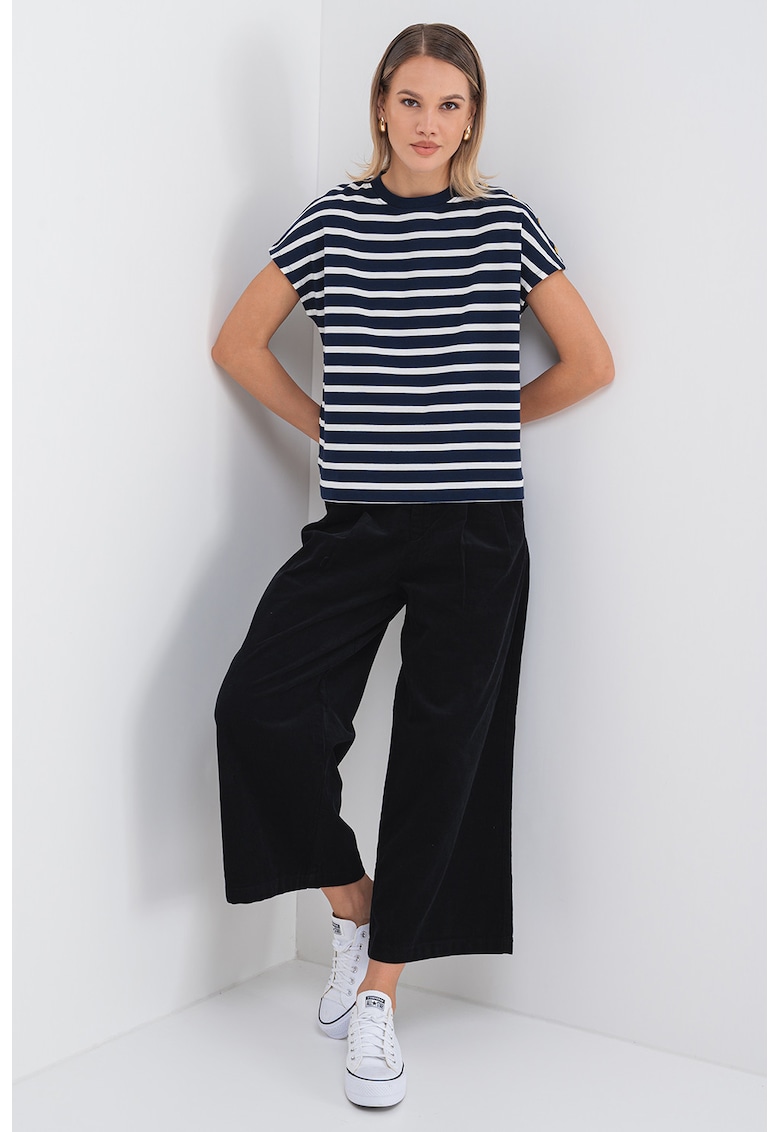 Tricou cu nasturi decorativi pe maneci - Alb/Bleumarin