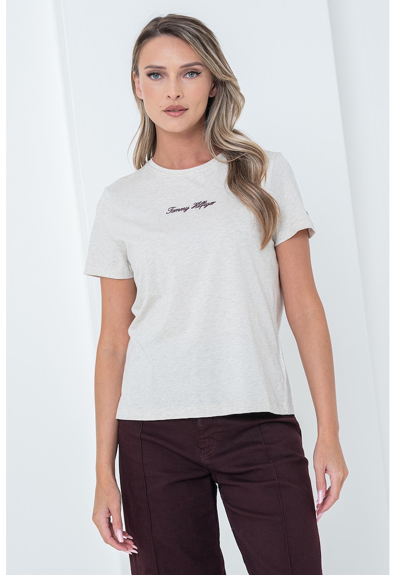 Tricou cu decolteu la baza gatului si imprimeu logo - Gri deschis melange