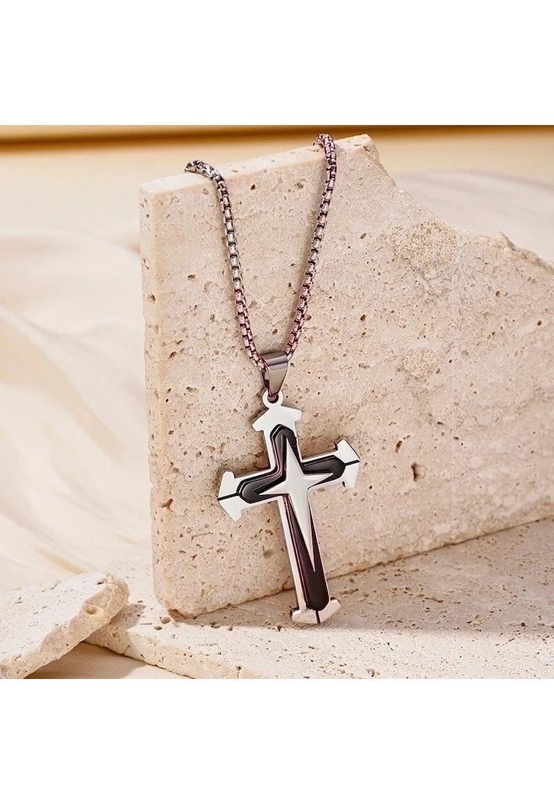 Colier barbati - argintiu - din otel inoxidabil - suflat cu aur 18k - cu pandantiv cruce - Pontus C9