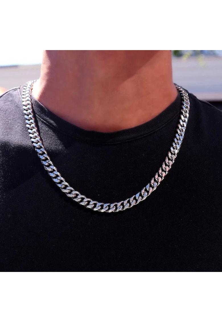 Colier cuban barbati - argintiu - din otel inoxidabil - suflat cu aur 18k - cu zale - Puck C9