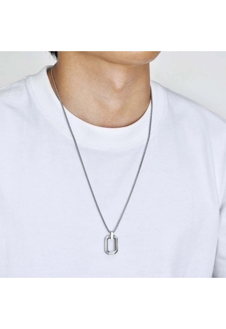 Colier barbati - argintiu - din otel inoxidabil - suflat cu aur 18k - cu pandantiv geormetric - Powel C9