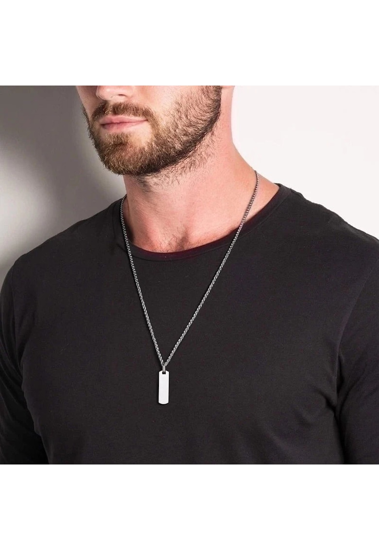 Colier barbati - argintiu - din otel inoxidabil - suflat cu aur 18k - cu placuta - Rahel C9
