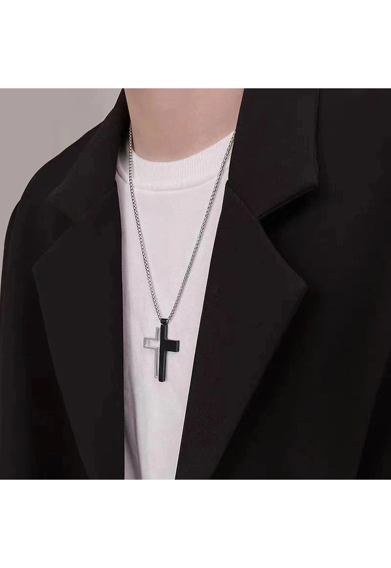 Colier barbati - argintiu - din otel inoxidabil - suflat cu aur 18k - cu pandantiv cruce - Ramon C9