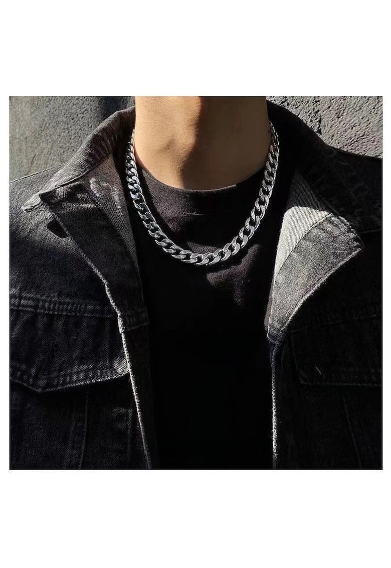 Colier cuban barbati - argintiu - din otel inoxidabil - suflat cu aur 18k - cu zale - Ricardo C9