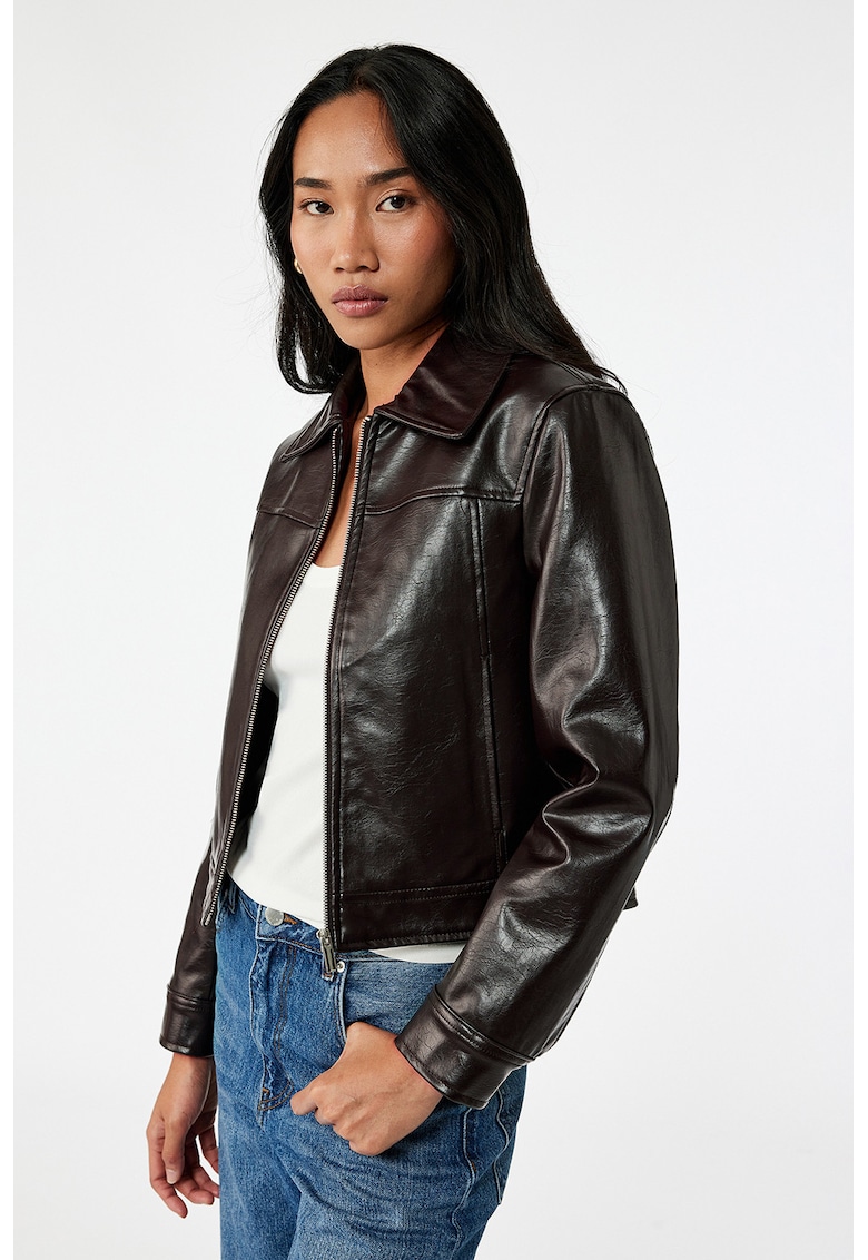 Jacheta de piele sintetica cu fermoar - Maro inchis
