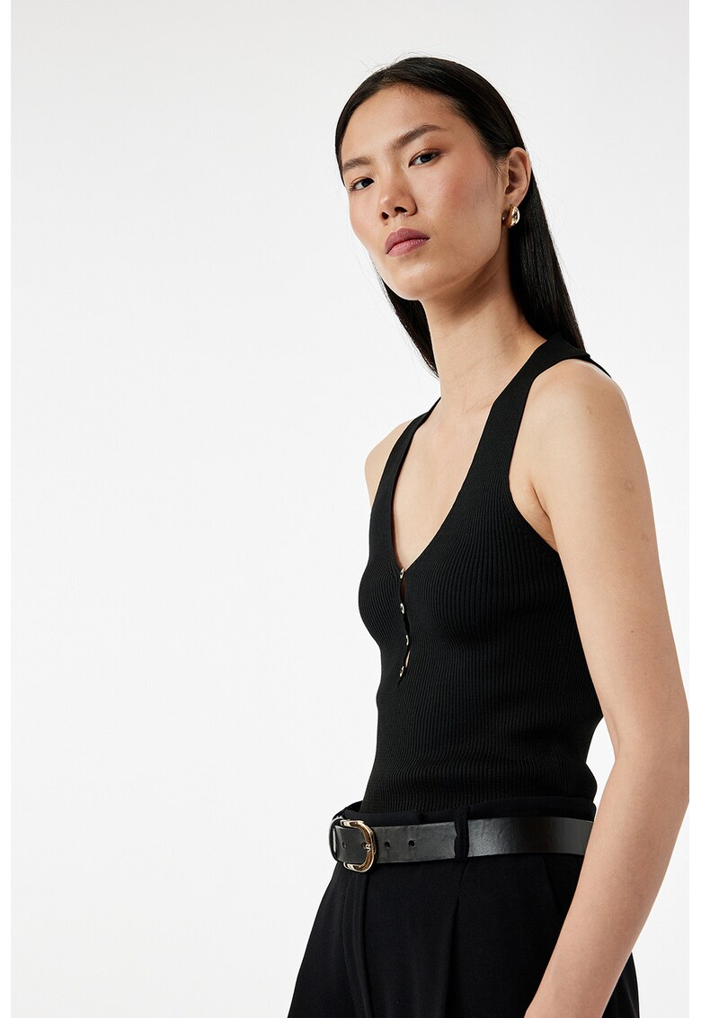 Top striat cu decolteu in V - Negru