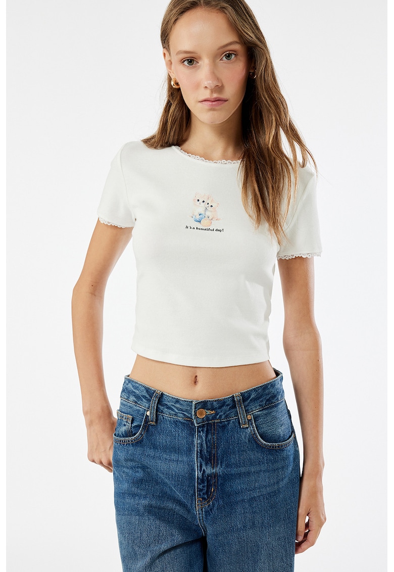 Tricou crop din amestec de bumbac cu imprimeu