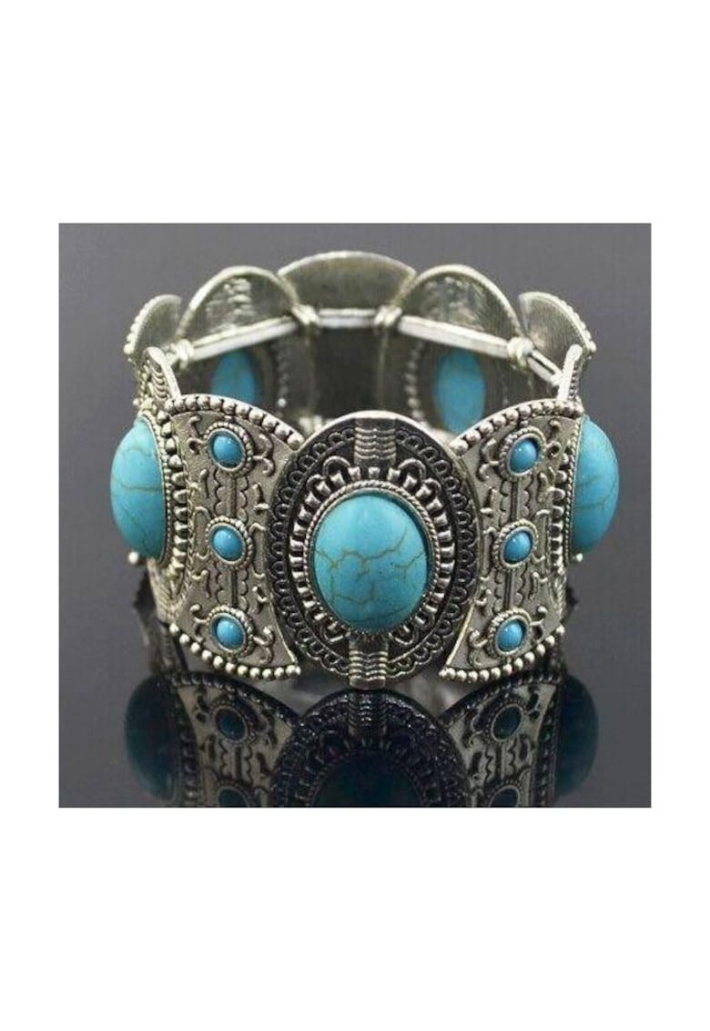 Bratara argintie - pe elastic - cu pietre turquoise - Elpida C10 -