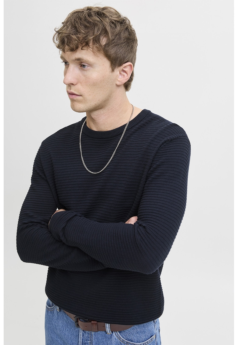 Pulover regular fit cu decolteu la baza gatului - Bleumarin