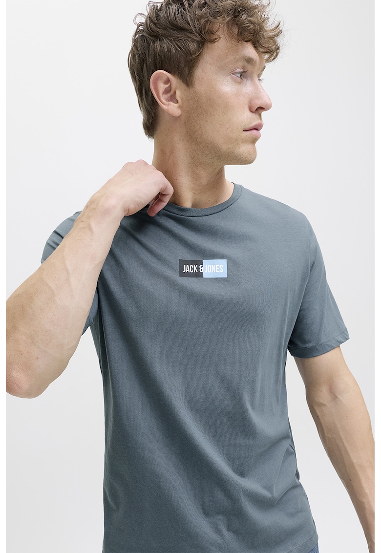 Tricou din bumbac cu decolteu la baza gatului si logo - Albastru prafuit