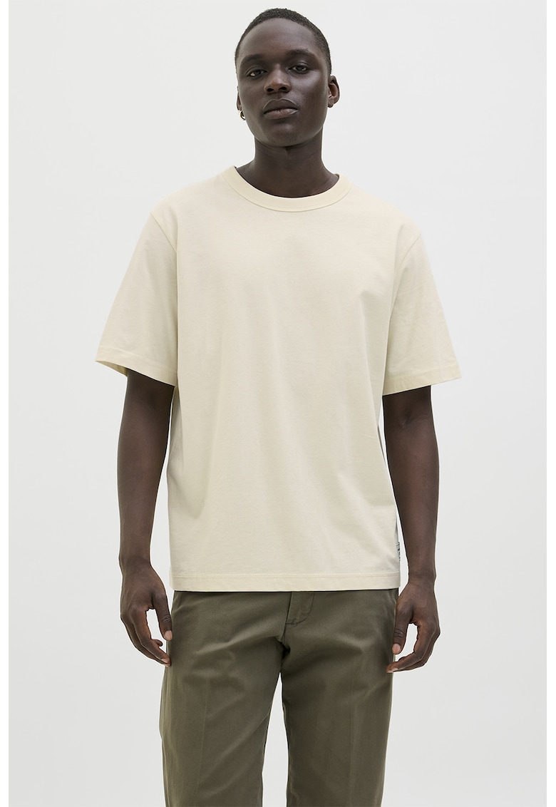 Tricou de bumbac cu decolteu la baza gatului - Alb fildes