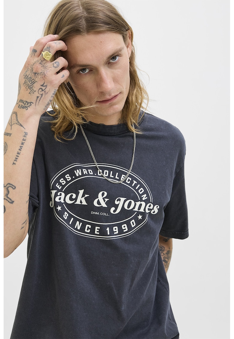 Tricou cu imprimeu si maneci cazute - Bleumarin