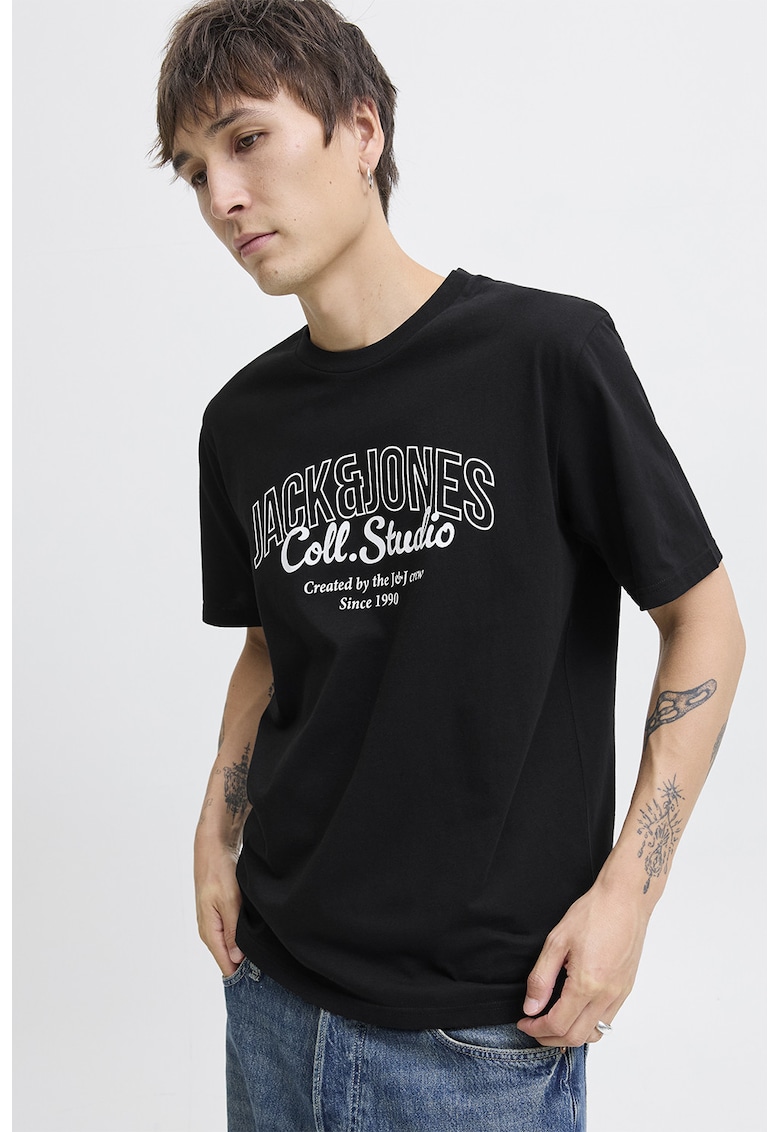 Tricou de bumbac cu imprimeu si decolteu la baza gatului - Negru