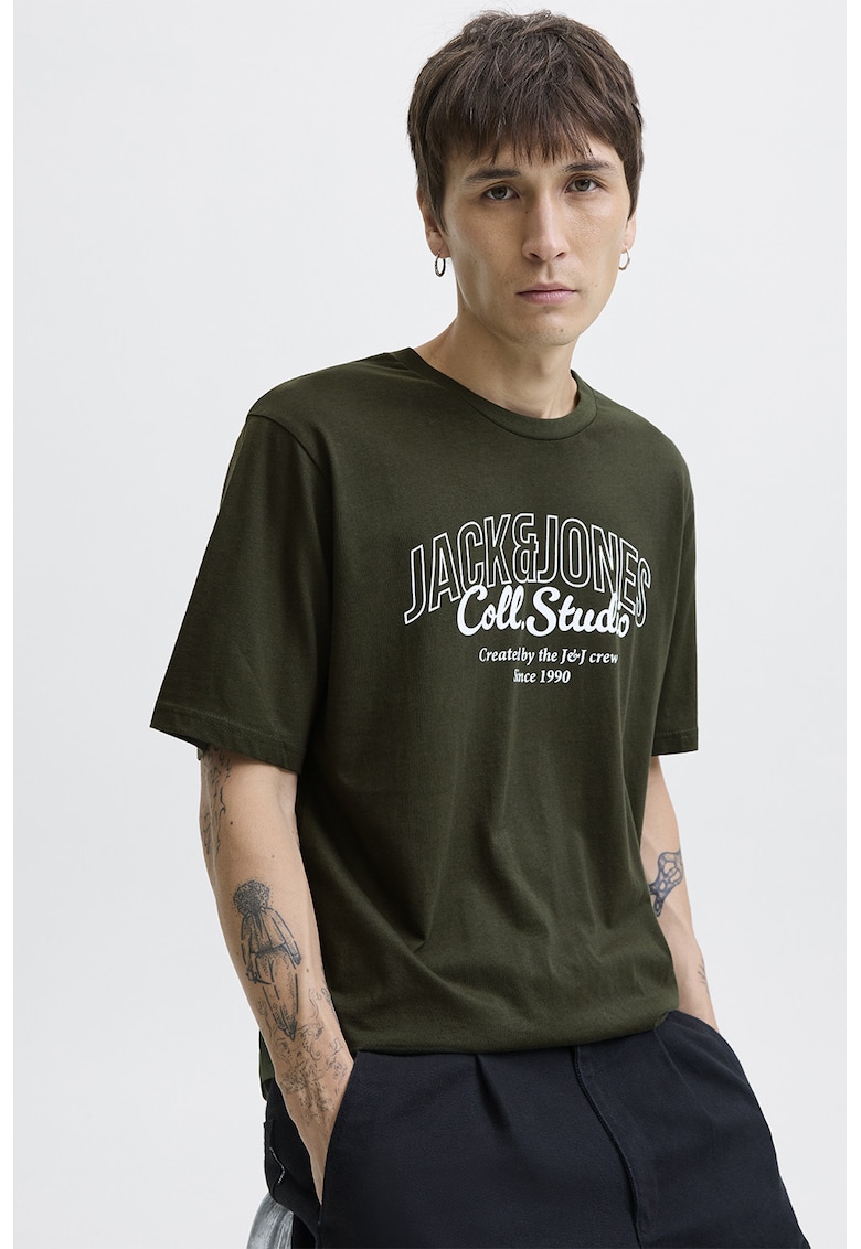 Tricou de bumbac cu imprimeu si decolteu la baza gatului - Kaki inchis