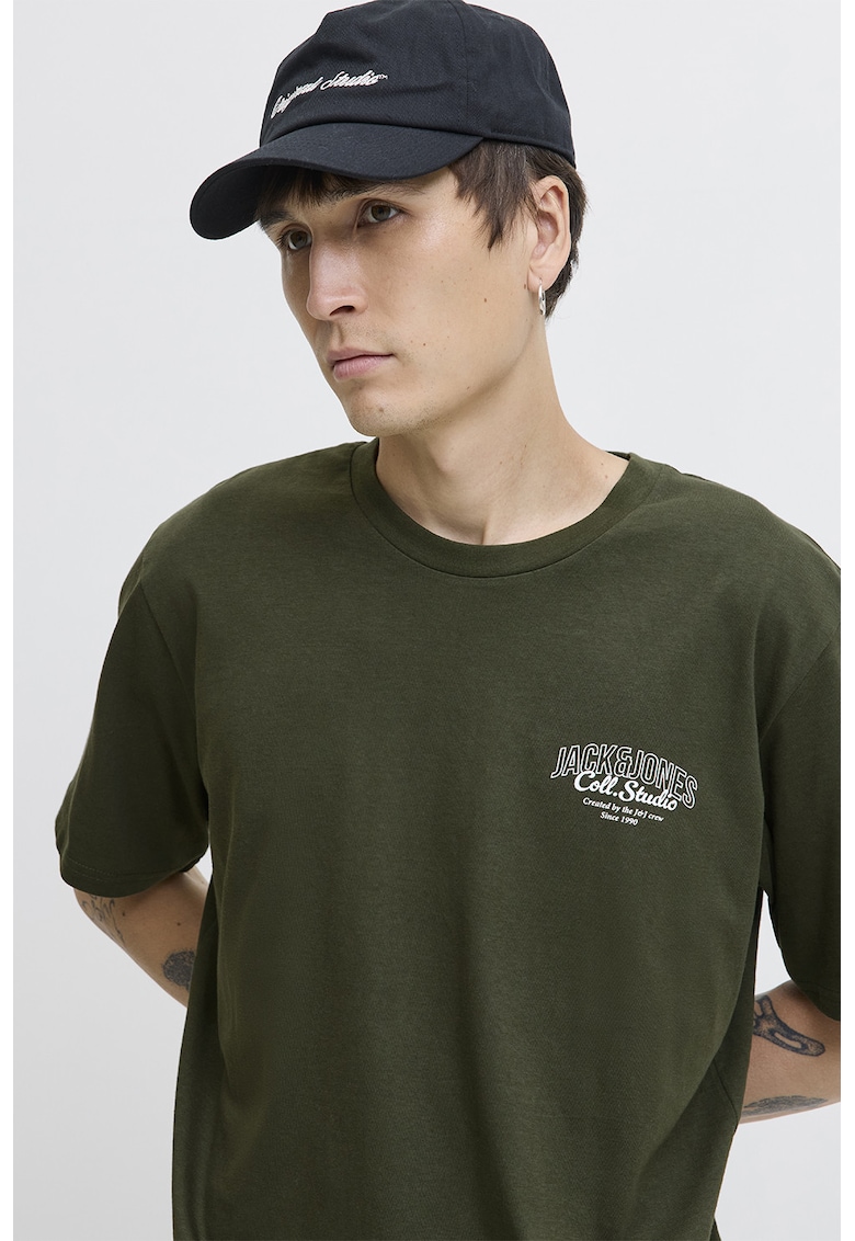 Tricou de bumbac cu imprimeu si decolteu la baza gatului - Verde/Kaki inchis