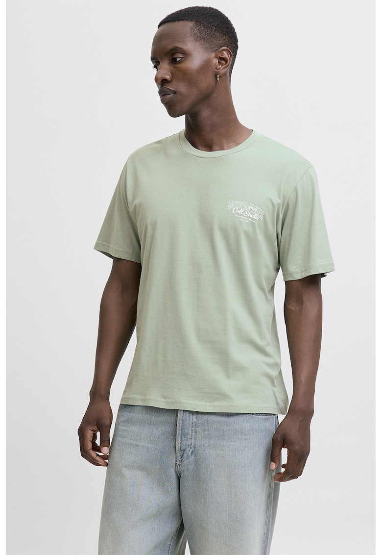 Tricou de bumbac cu imprimeu si decolteu la baza gatului