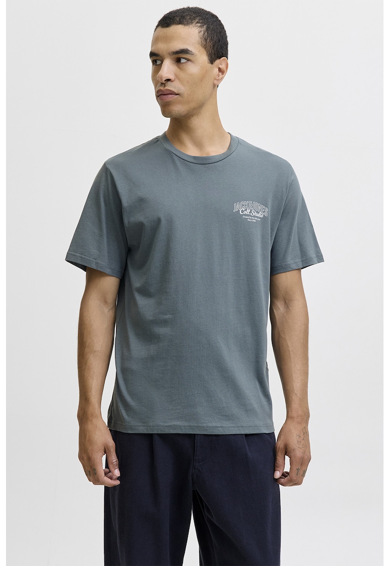 Tricou de bumbac cu imprimeu si decolteu la baza gatului - Gri carbune