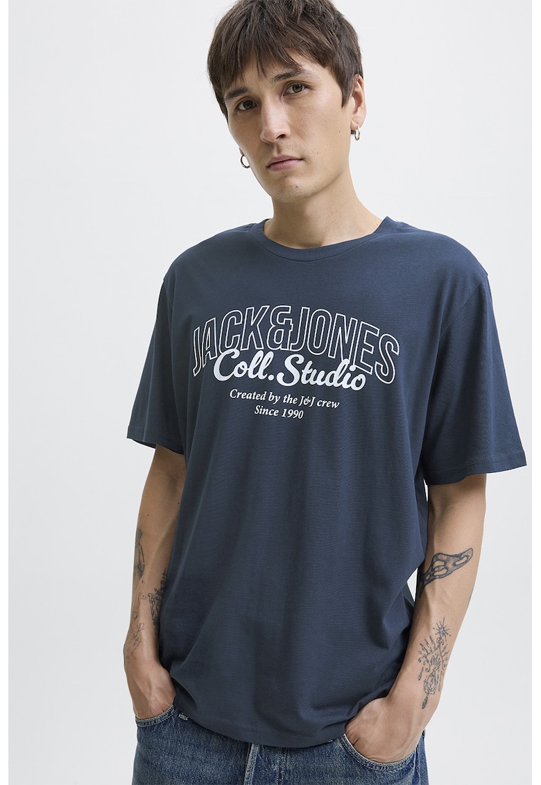 Tricou de bumbac cu imprimeu si decolteu la baza gatului