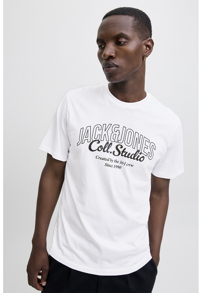 Tricou de bumbac cu imprimeu si decolteu la baza gatului - Alb