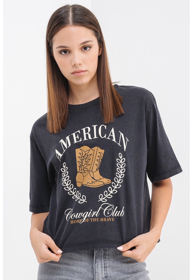 Tricou crop cu imprimeu - Negru stins/Caramel/Alb murdar