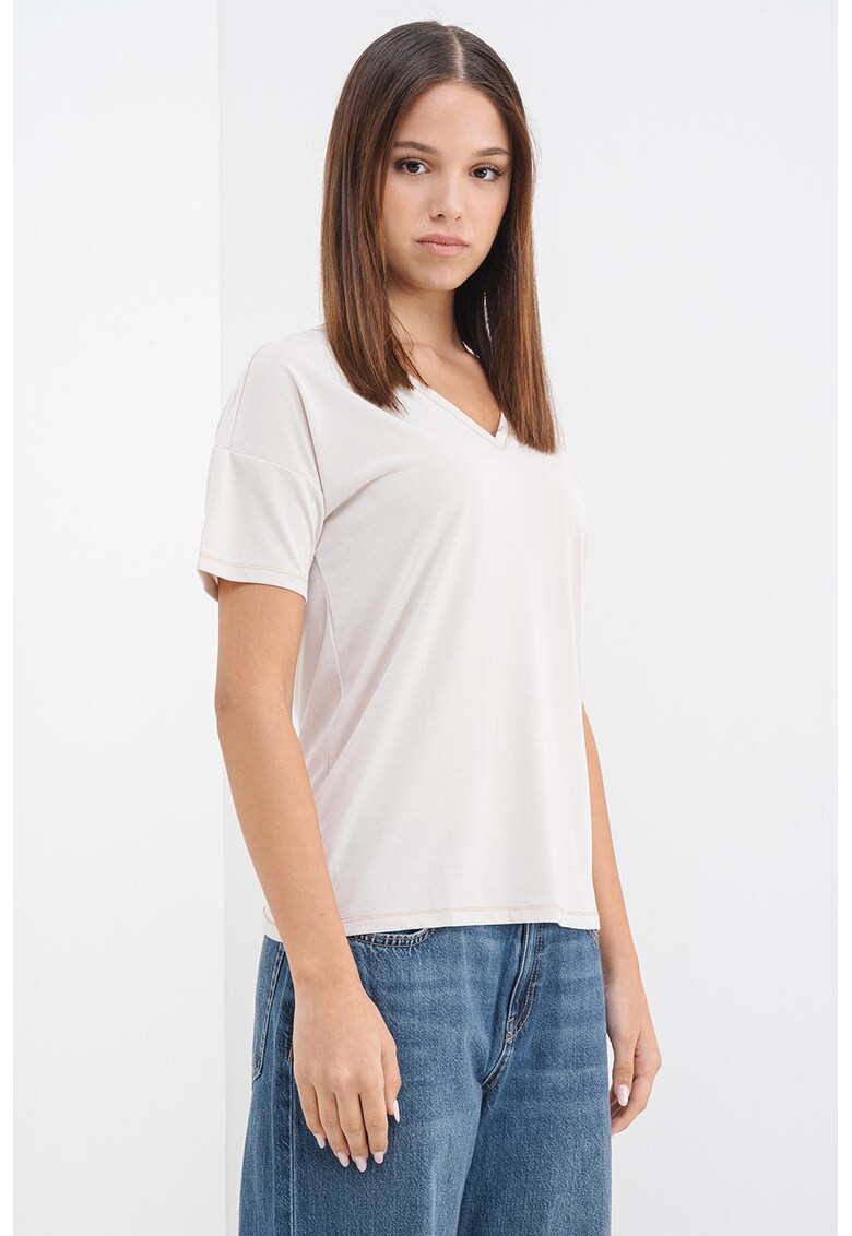 Tricou din amestec de modal cu decolteu in V - Bej deschis