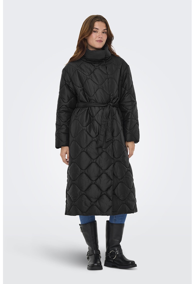 Palton lung matlasat cu cordon in talie