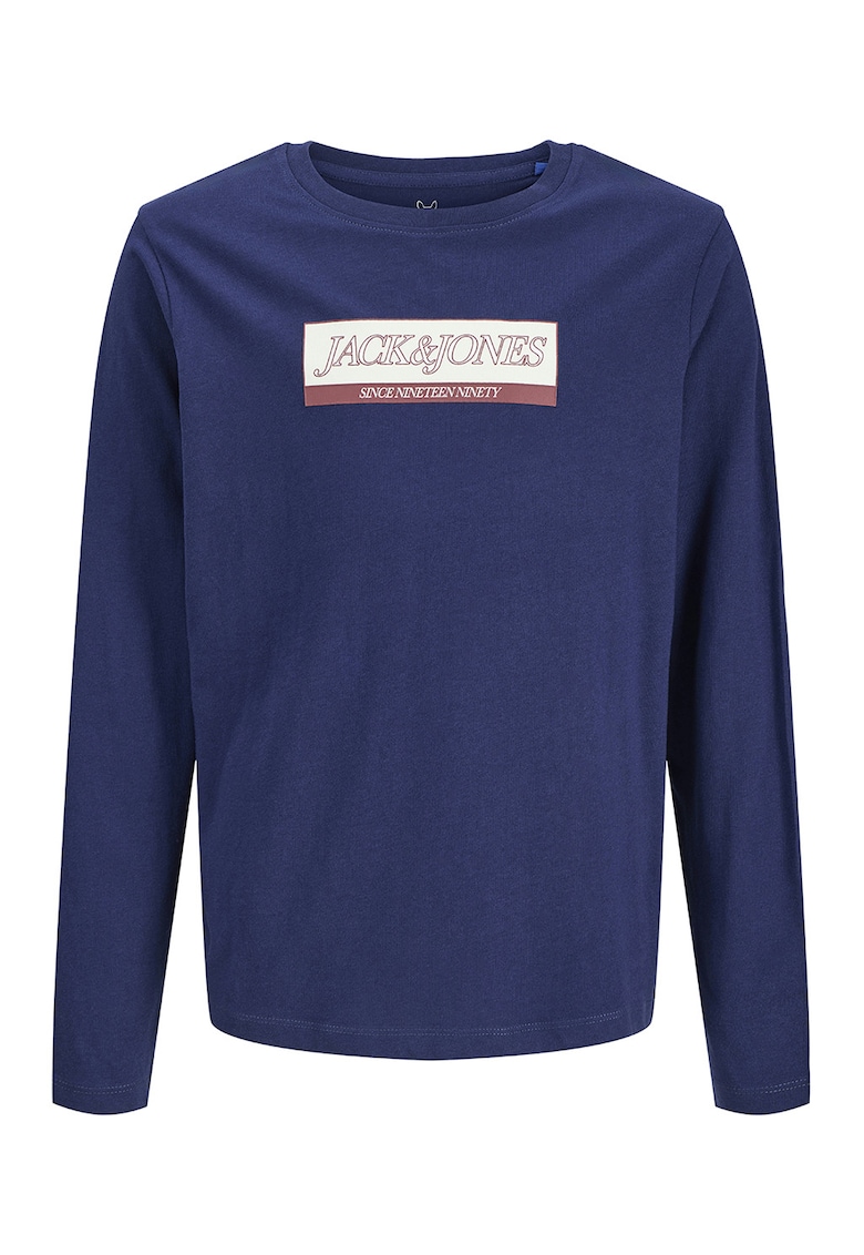 Bluza din bumbac cu decolteu la baza gatului si imprimeu logo - Bleumarin